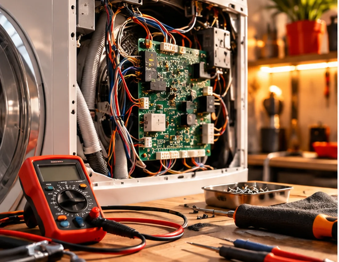 Illustration d’un appareil électroménager ouvert avec une carte électronique et des outils de diagnostic